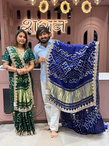 Traditional Pure Gajji Silk Bandhani Saree with Heavy Zari Lagdi Patta & Designer Blouse Piece