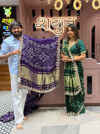 Traditional Pure Gajji Silk Bandhani Saree with Heavy Zari Lagdi Patta & Designer Blouse Piece