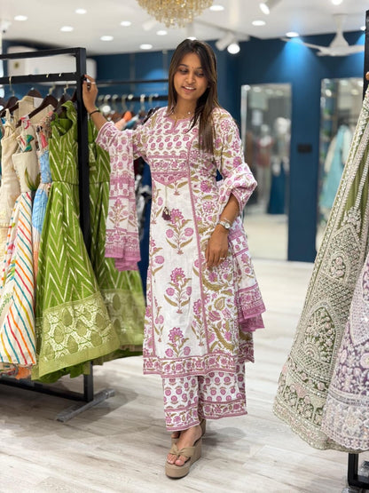 SHAGUN FASHION Premium Floral Pure Cotton Kurti, Palazzo & Dupatta 3-Piece Set