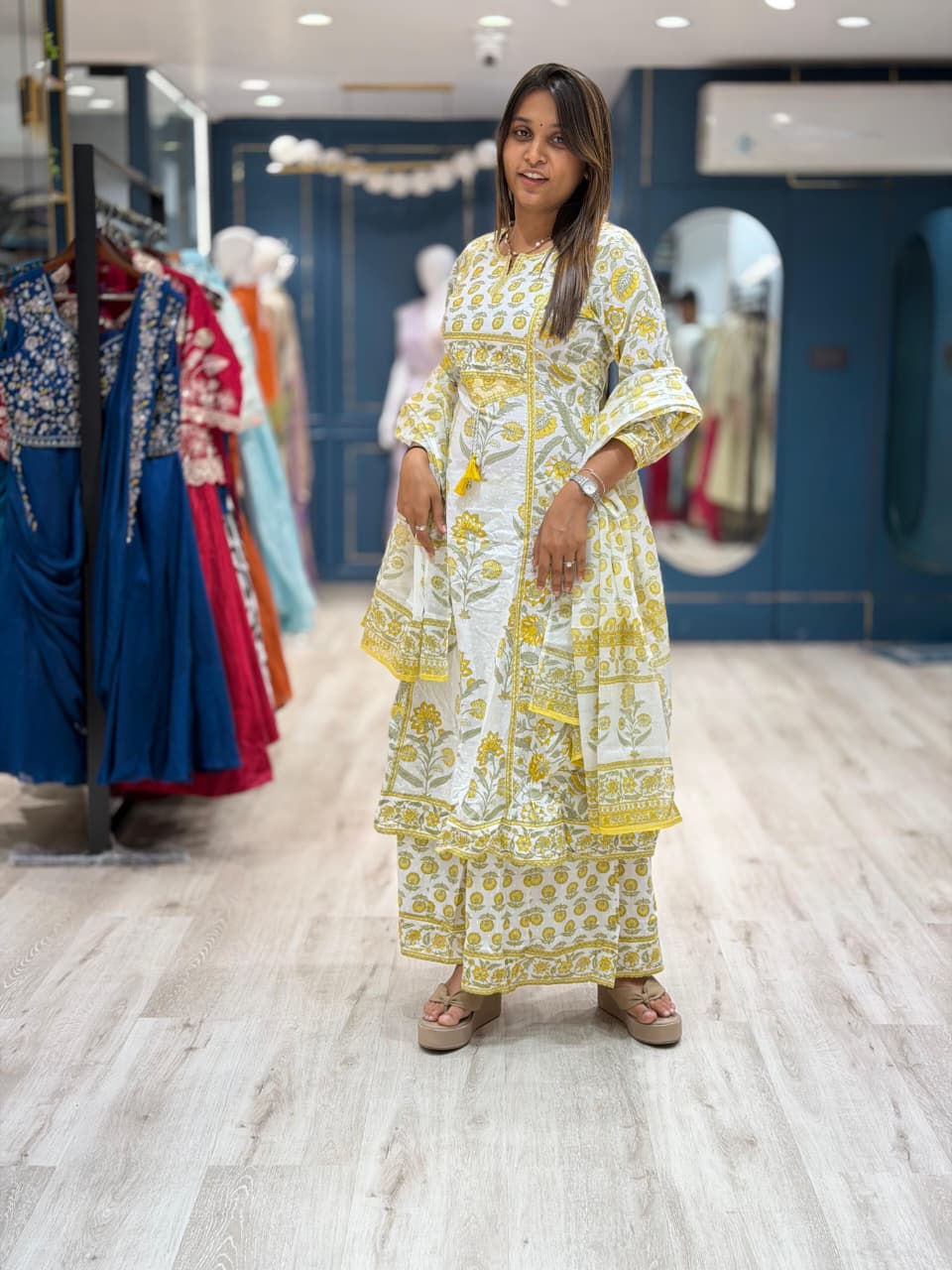 SHAGUN FASHION Premium Floral Pure Cotton Kurti, Palazzo & Dupatta 3-Piece Set