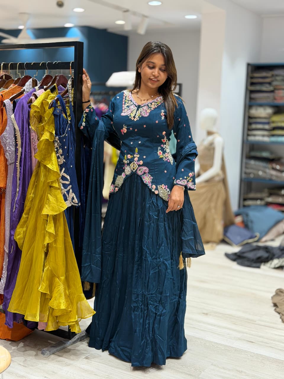SHAGUN FASHION Beautiful Peacock Blue Peplum Top and Lehenga Set with Dupatta