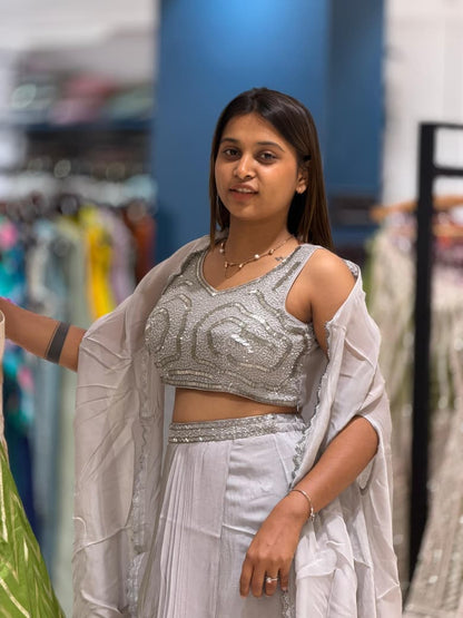 SHAGUN FASHION Grey Indo-Western Shrug Set with Heavy Work Blouse & Pleated Skirt