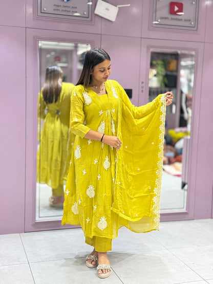 SHAGUN FASHION Festive Yellow-Green Georgette Anarkali Kurti Set with White Embroidery