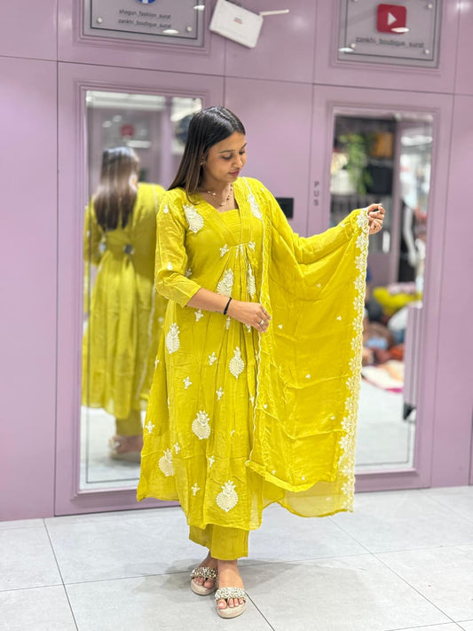 SHAGUN FASHION Festive Yellow-Green Georgette Anarkali Kurti Set with White Embroidery