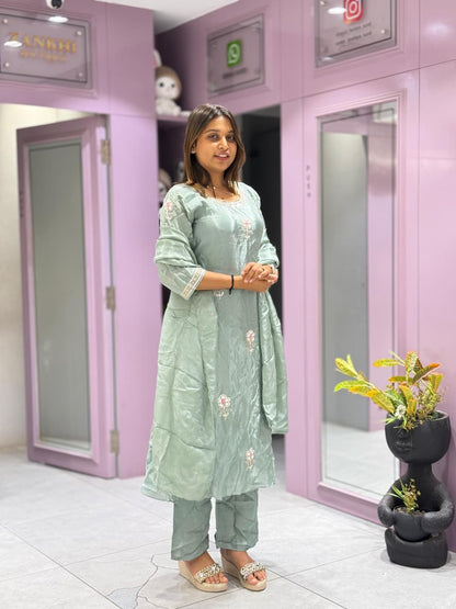 SHAGUN FASHION Premium Silk Chanderi Kurta Set with Handwork Booti & Matching Dupatta