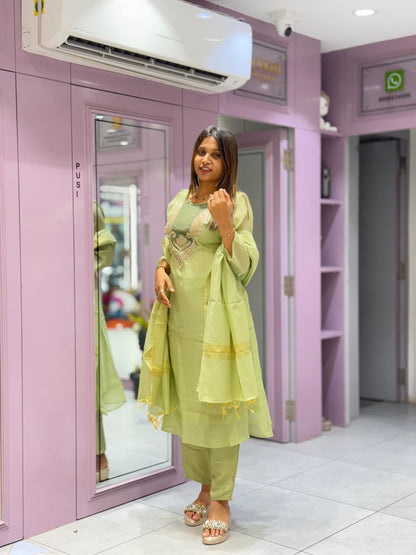 Beautiful Pista Green Chanderi Silk Kurti Pant Set with Dupatta