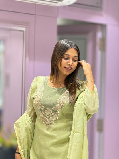 Beautiful Pista Green Chanderi Silk Kurti Pant Set with Dupatta
