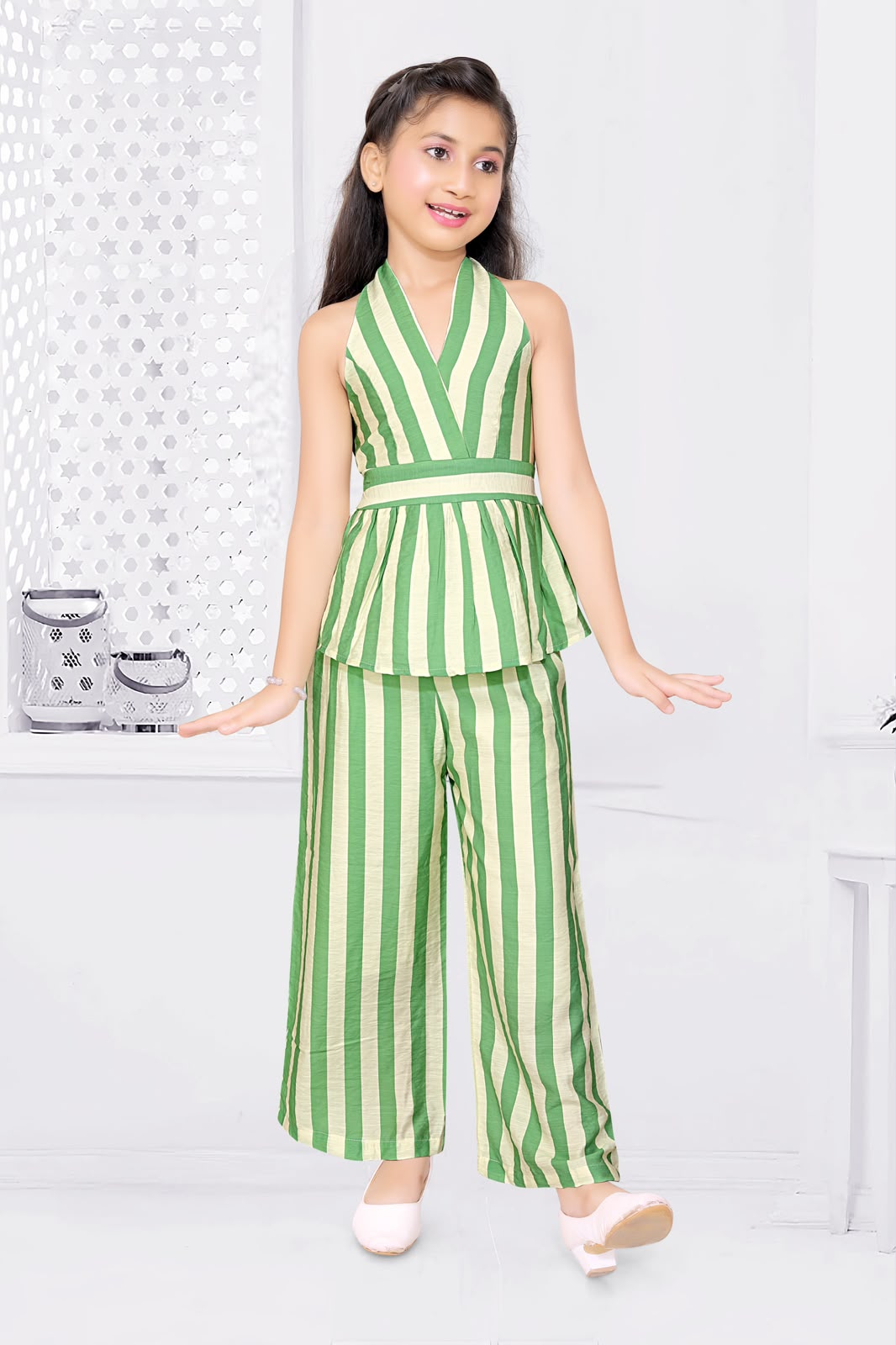 SHAGUN FASHION Girls Striped Halter Neck Peplum Top with Palazzo Pants Set