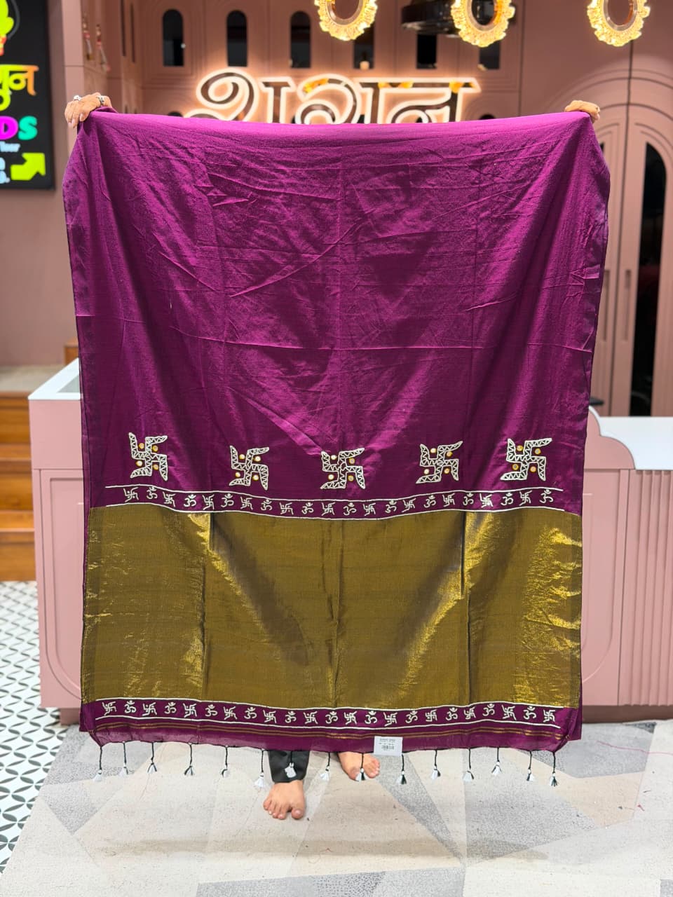 SHAGUN FASHION Premium Traditional Linen Saree with Swastik & Om Border