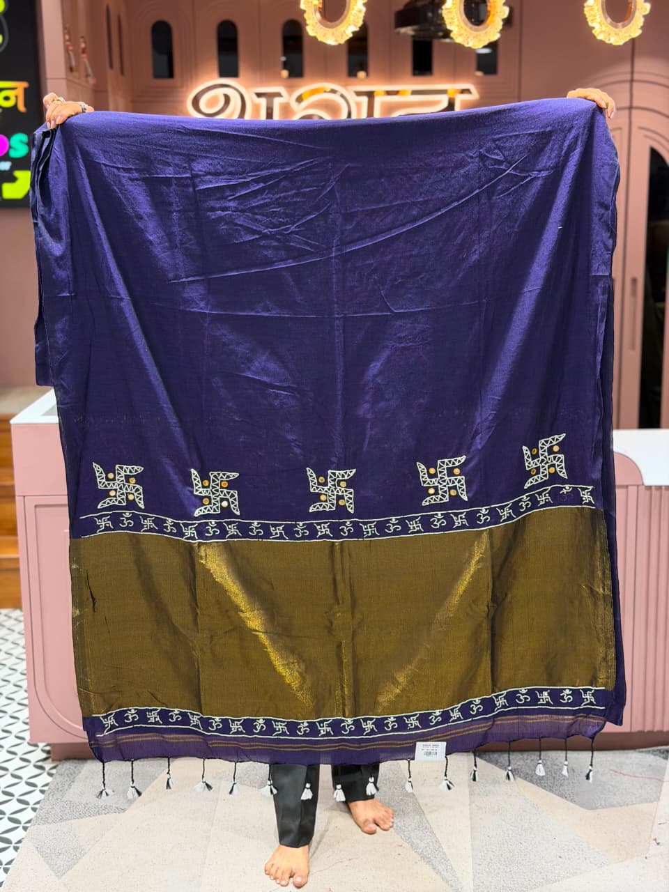 SHAGUN FASHION Premium Traditional Linen Saree with Swastik & Om Border