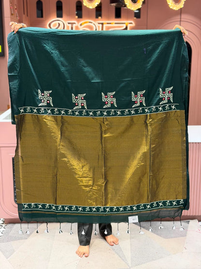 SHAGUN FASHION Premium Traditional Linen Saree with Swastik & Om Border
