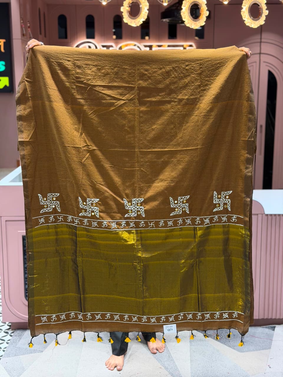 SHAGUN FASHION Premium Traditional Linen Saree with Swastik & Om Border