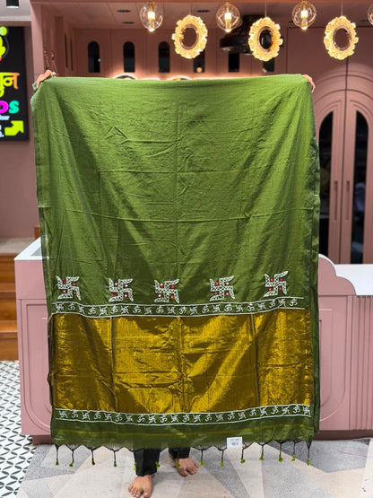 SHAGUN FASHION Premium Traditional Linen Saree with Swastik & Om Border