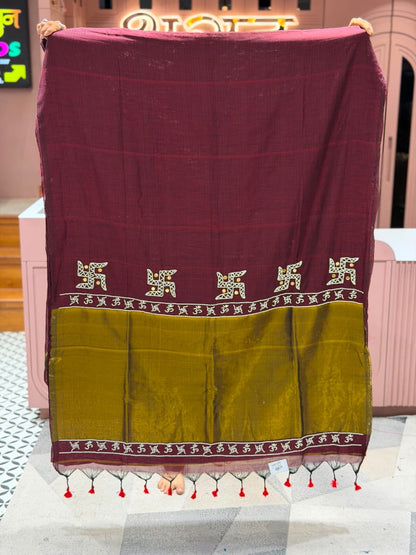 SHAGUN FASHION Premium Traditional Linen Saree with Swastik & Om Border