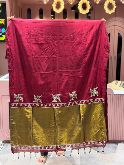 SHAGUN FASHION Premium Traditional Linen Saree with Swastik & Om Border
