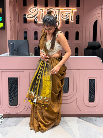 SHAGUN FASHION Premium Traditional Linen Saree with Swastik & Om Border