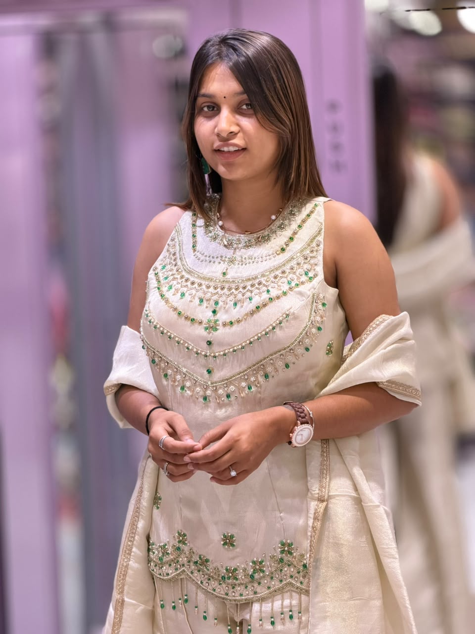 SHAGUN FASHION Premium Off-White Sharara Set with Emerald Green Handwork