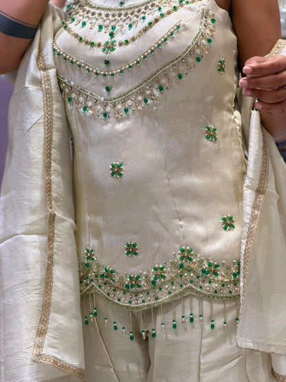SHAGUN FASHION Premium Off-White Sharara Set with Emerald Green Handwork