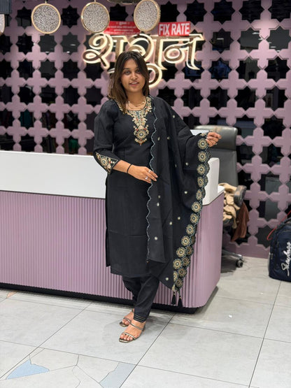 SHAGUN FASHION Premium Silk Straight Kurti Set with Beautiful Embroidery and Scalloped Dupatta