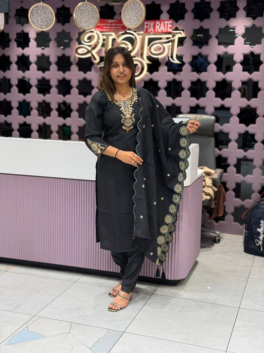 SHAGUN FASHION Premium Silk Straight Kurti Set with Beautiful Embroidery and Scalloped Dupatta