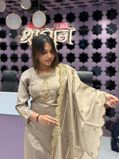 SHAGUN FASHION Premium Silk Straight Kurti Set with Beautiful Embroidery and Scalloped Dupatta