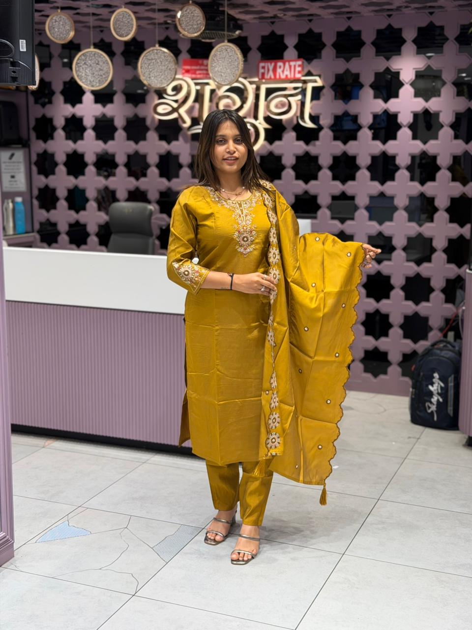 SHAGUN FASHION Premium Silk Straight Kurti Set with Beautiful Embroidery and Scalloped Dupatta