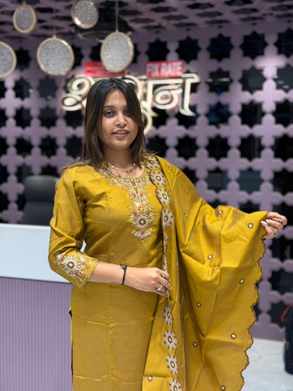 SHAGUN FASHION Premium Silk Straight Kurti Set with Beautiful Embroidery and Scalloped Dupatta