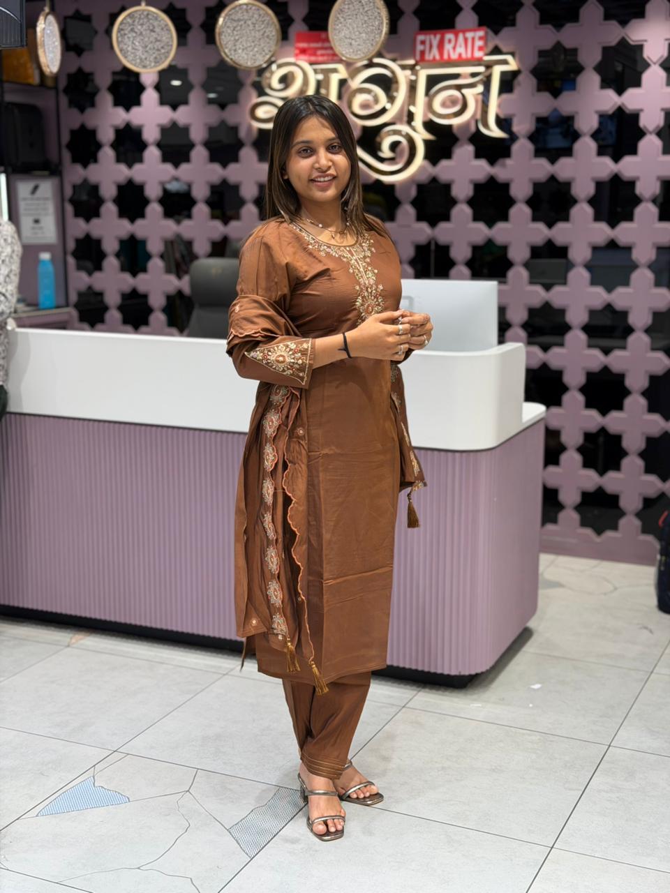 SHAGUN FASHION Premium Silk Straight Kurti Set with Beautiful Embroidery and Scalloped Dupatta