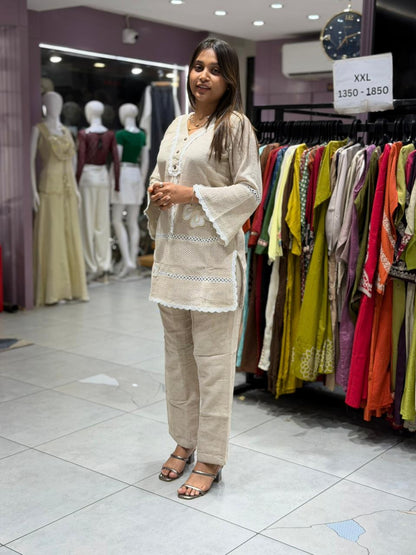Trendy Beige Cotton-Linen Co-Ord Set by SHAGUN FASHION