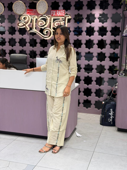 SHAGUN FASHION Premium Cream Camel-Print Co-Ord Set
