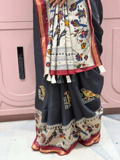 SHAGUN FASHION Premium Tussar Silk Saree with Peacock & Bird Kalamkari Print Border