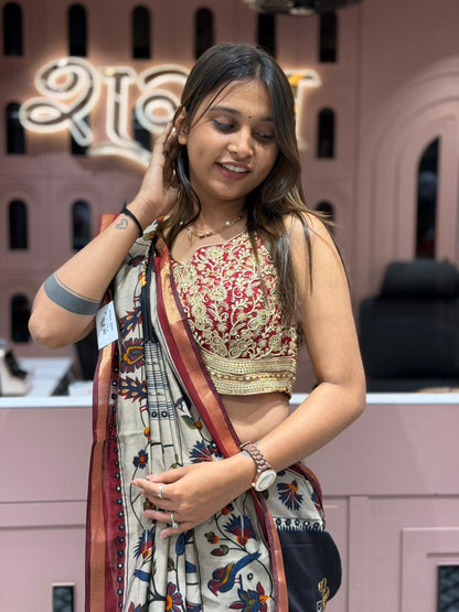 SHAGUN FASHION Premium Tussar Silk Saree with Peacock & Bird Kalamkari Print Border