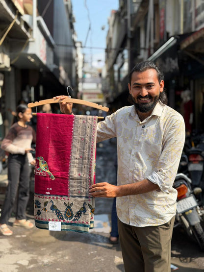 SHAGUN FASHION Premium Tussar Silk Saree with Peacock & Bird Kalamkari Print Border