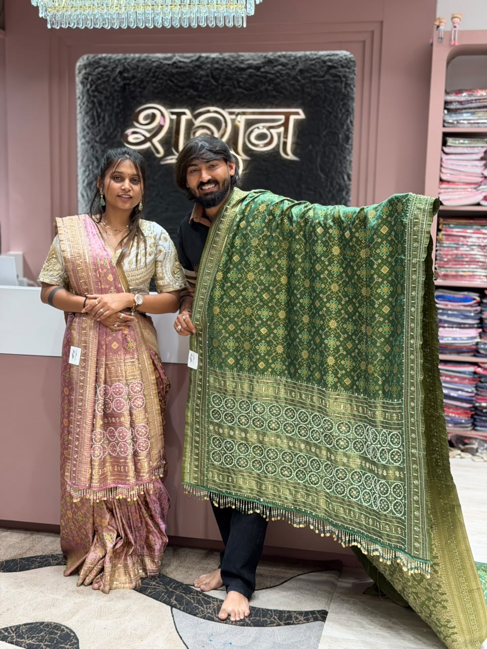 SHAGUN FASHION Premium Patola Saree with Heavy Embroidered Pallu & Blouse Piece