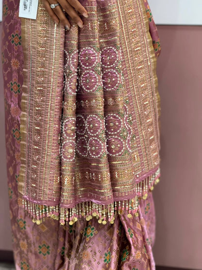 SHAGUN FASHION Premium Patola Saree with Heavy Embroidered Pallu & Blouse Piece