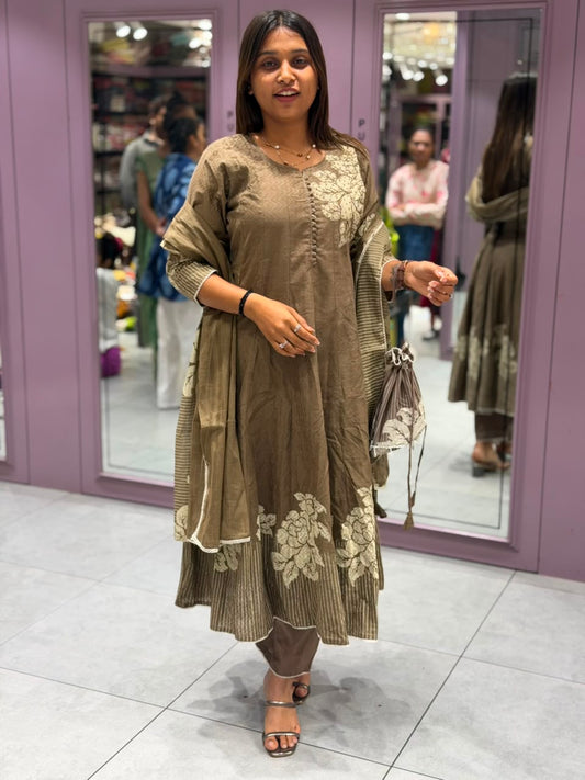 SHAGUN FASHION Elegant Brown Silk Anarkali Suit Set with Matching Dupatta & Potli Bag