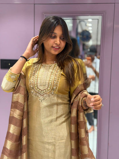SHAGUN FASHION Premium Golden Silk Embroidery Kurta Set with Palazzo and Dupatta