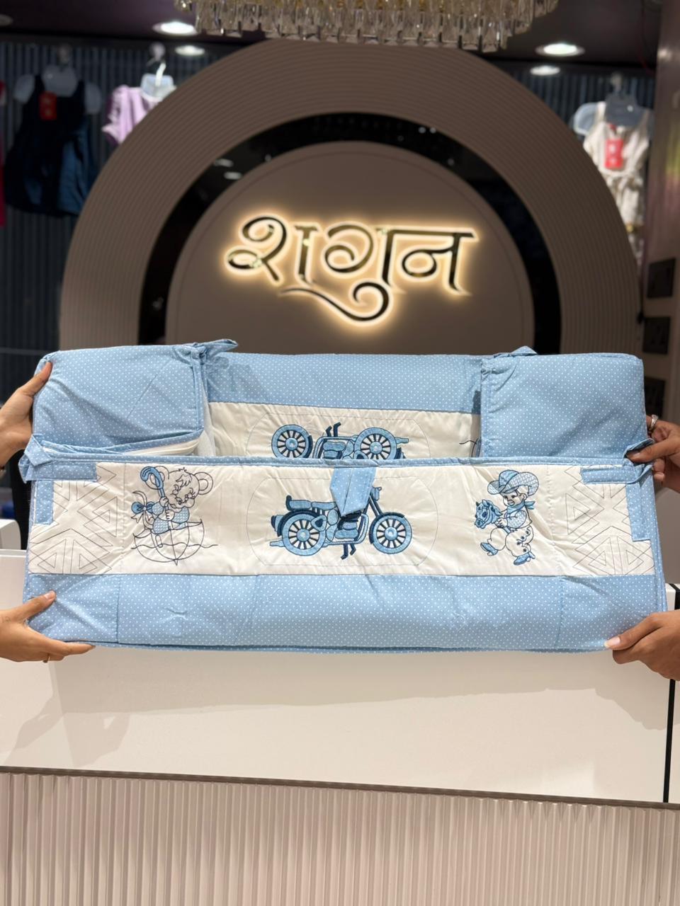 SHAGUN FASHION Premium 3-in-1 Baby Cot Bedding Set with Mosquito Net & Protective Bumper Cushions