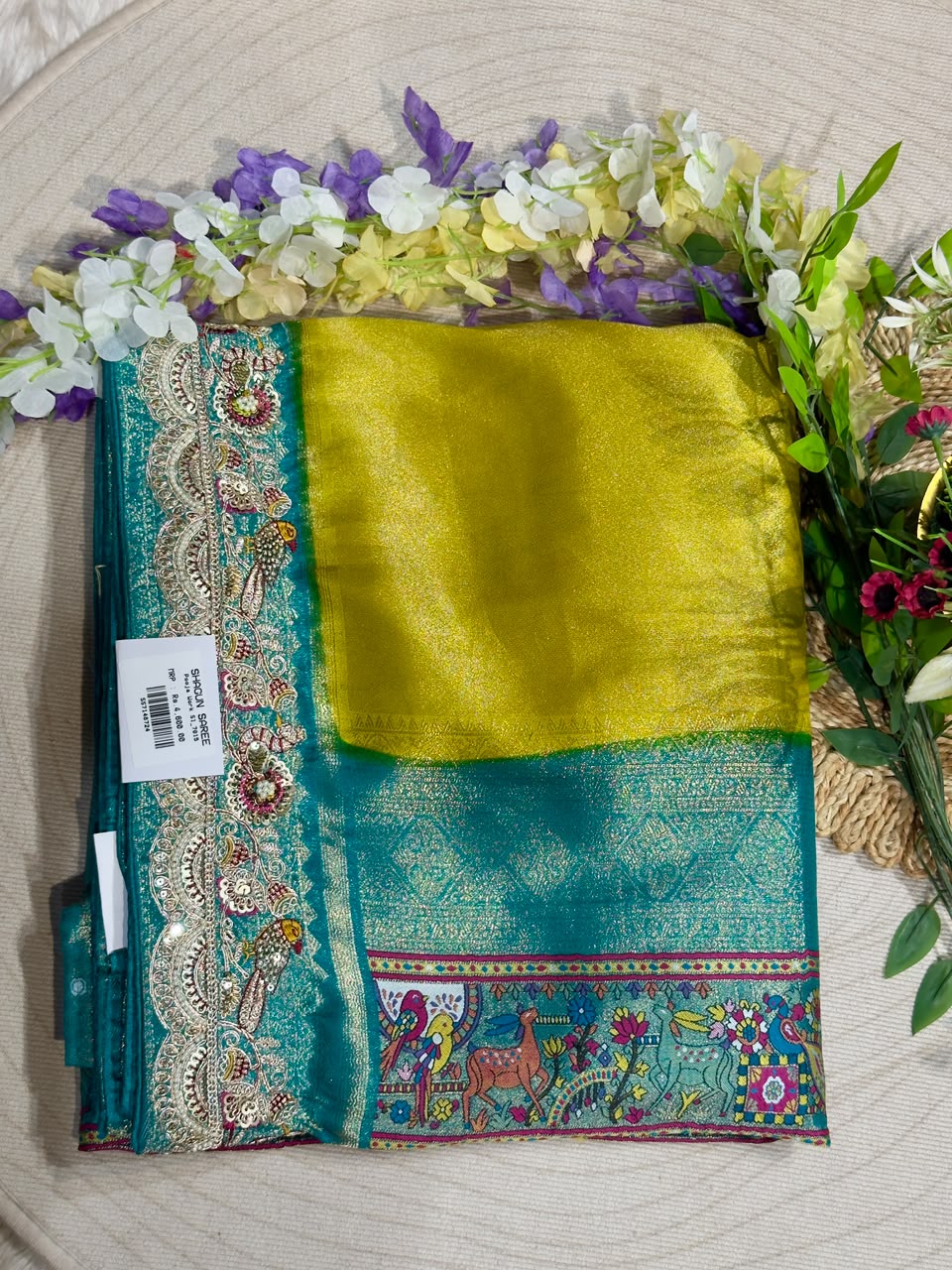 SHAGUN FASHION Premium Pooja Work Designer Silk Saree with Heavy Embroidered Cutwork Border & Traditional Pichwai Pallu