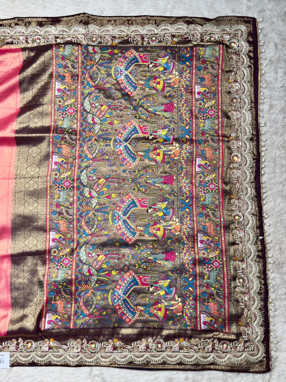 SHAGUN FASHION Premium Pooja Work Designer Silk Saree with Heavy Embroidered Cutwork Border & Traditional Pichwai Pallu