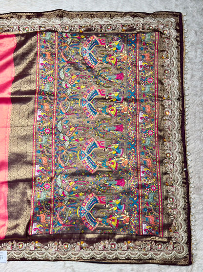 SHAGUN FASHION Premium Pooja Work Designer Silk Saree with Heavy Embroidered Cutwork Border & Traditional Pichwai Pallu