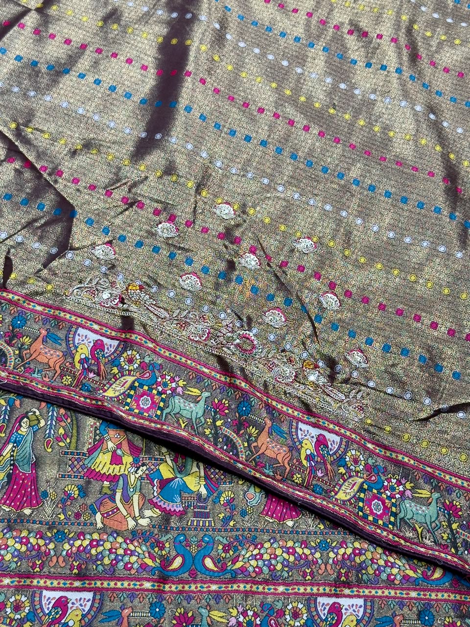 SHAGUN FASHION Premium Pooja Work Designer Silk Saree with Heavy Embroidered Cutwork Border & Traditional Pichwai Pallu