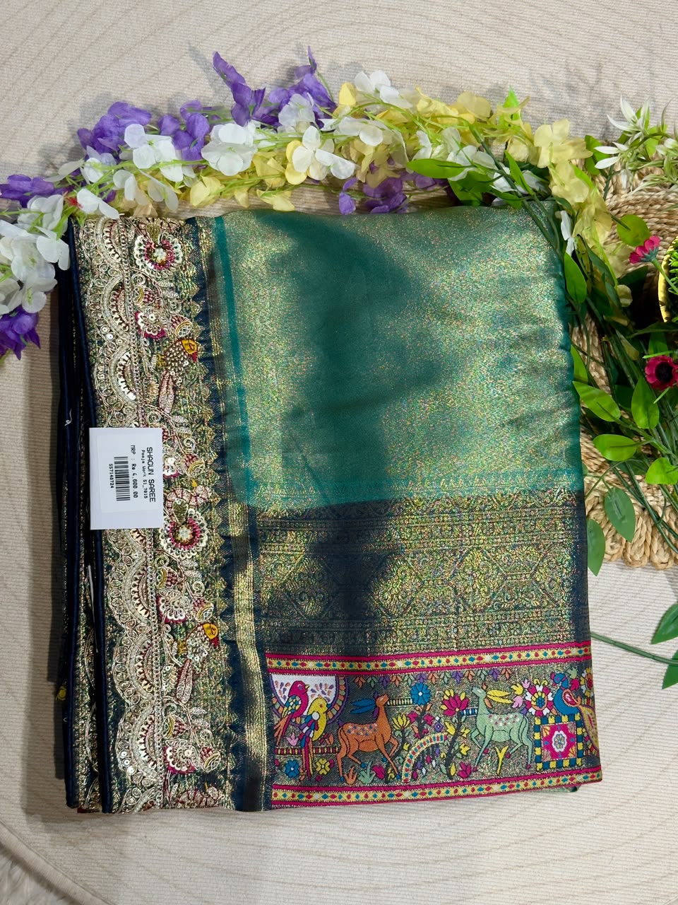 SHAGUN FASHION Premium Pooja Work Designer Silk Saree with Heavy Embroidered Cutwork Border & Traditional Pichwai Pallu