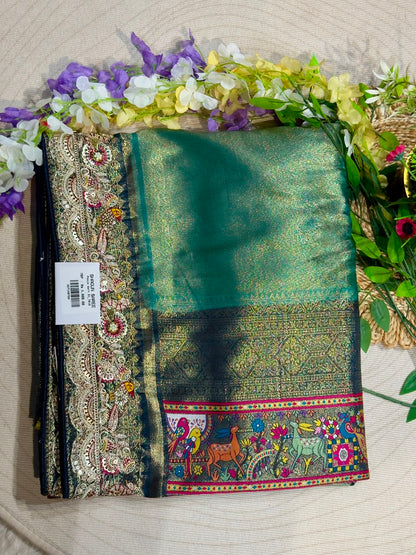 SHAGUN FASHION Premium Pooja Work Designer Silk Saree with Heavy Embroidered Cutwork Border & Traditional Pichwai Pallu