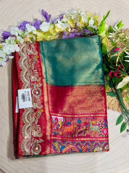 SHAGUN FASHION Premium Pooja Work Designer Silk Saree with Heavy Embroidered Cutwork Border & Traditional Pichwai Pallu