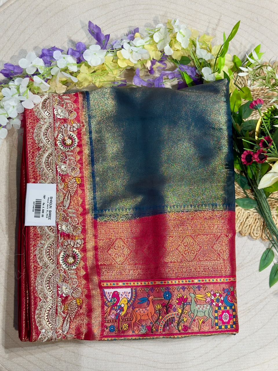 SHAGUN FASHION Premium Pooja Work Designer Silk Saree with Heavy Embroidered Cutwork Border & Traditional Pichwai Pallu
