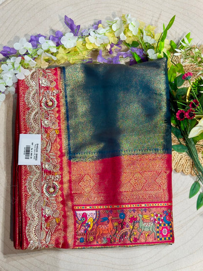 SHAGUN FASHION Premium Pooja Work Designer Silk Saree with Heavy Embroidered Cutwork Border & Traditional Pichwai Pallu