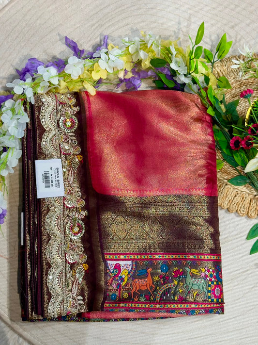 SHAGUN FASHION Premium Pooja Work Designer Silk Saree with Heavy Embroidered Cutwork Border & Traditional Pichwai Pallu