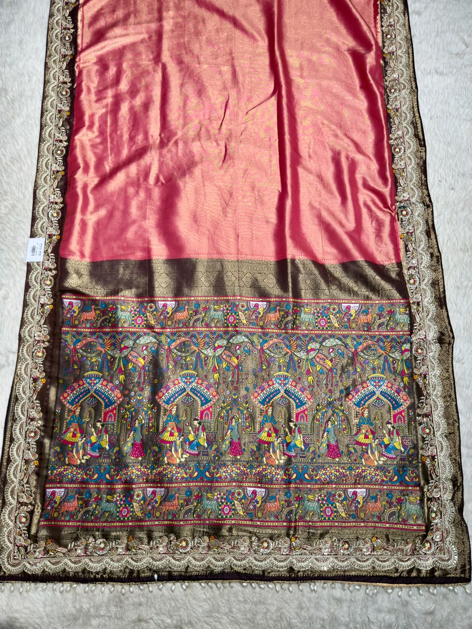 SHAGUN FASHION Premium Pooja Work Designer Silk Saree with Heavy Embroidered Cutwork Border & Traditional Pichwai Pallu