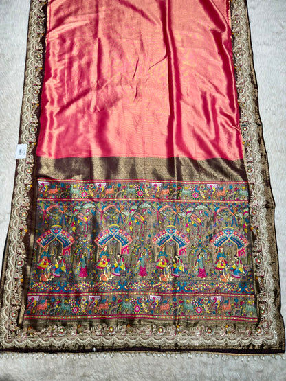 SHAGUN FASHION Premium Pooja Work Designer Silk Saree with Heavy Embroidered Cutwork Border & Traditional Pichwai Pallu